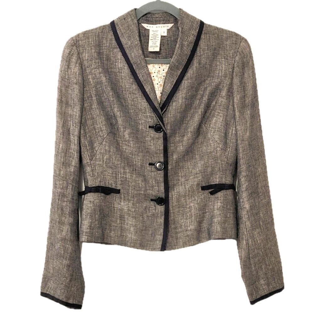 VTG Y2K Max Studio Linen Tweed Nipped Waist Shawl Collar Victorian Jacket Sz 2/4